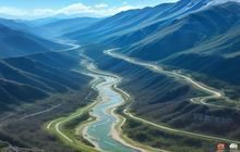 民谣精选音乐歌单封面，吉他与山野远景构图，自然绿褐色调，文艺清新气息